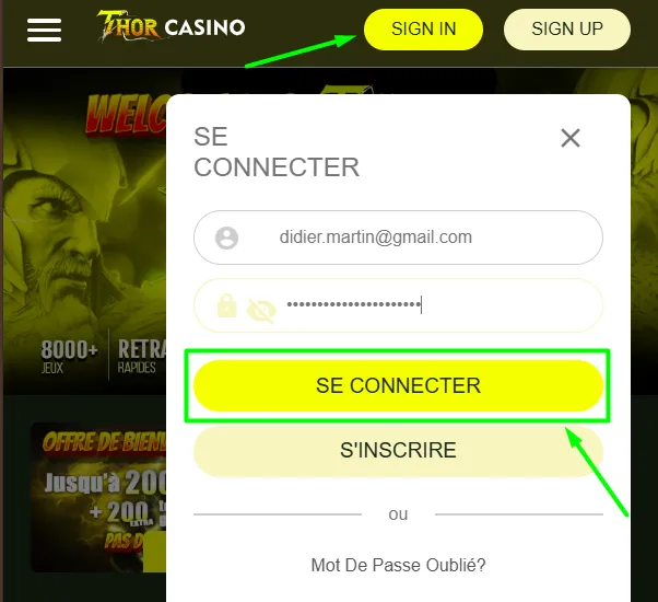 Formulaire de connexion Thor Casino